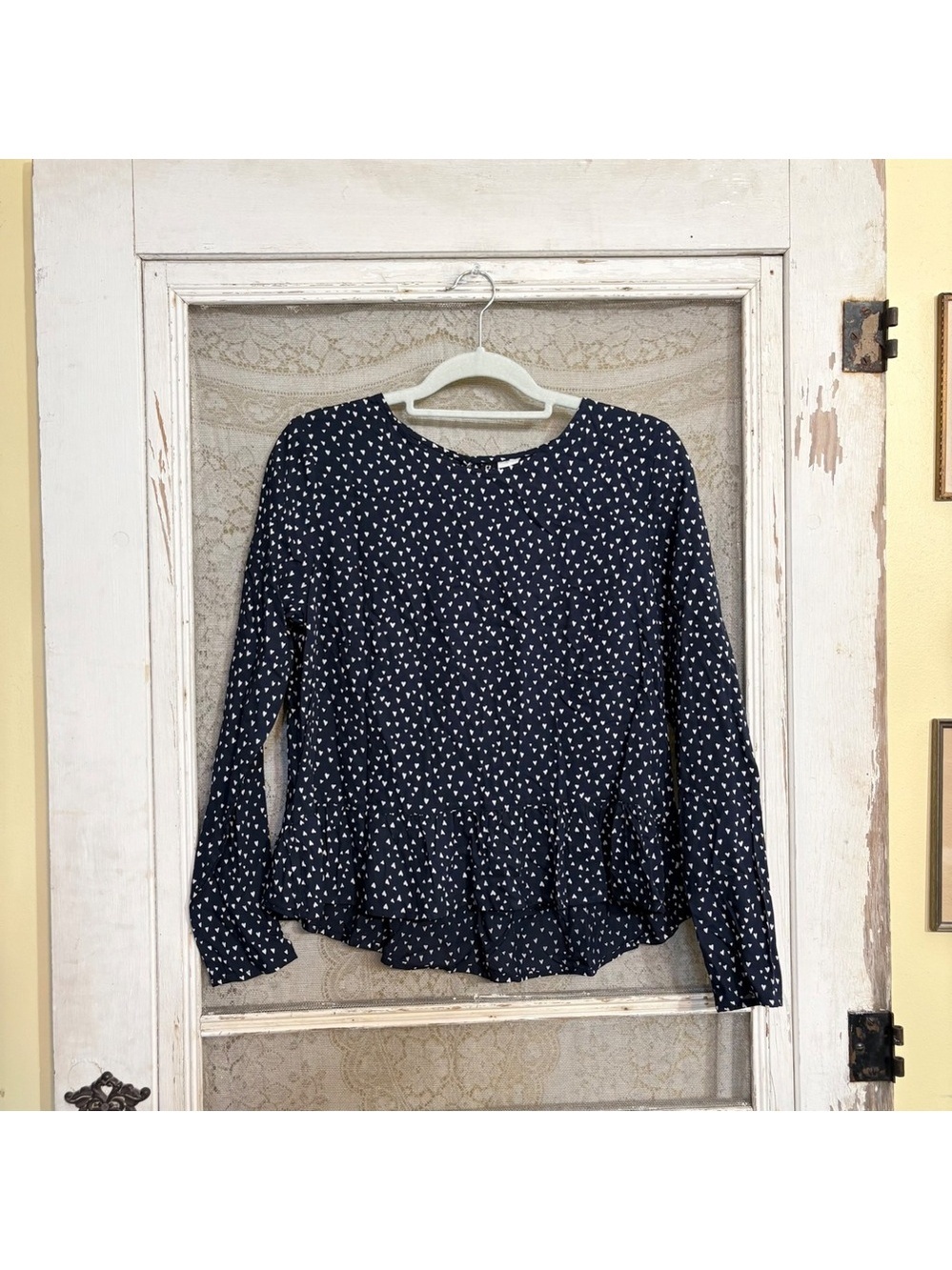 H&M Divided Navy Blue Heart Print Peplum Long Sleeve Blouse Top Size 10